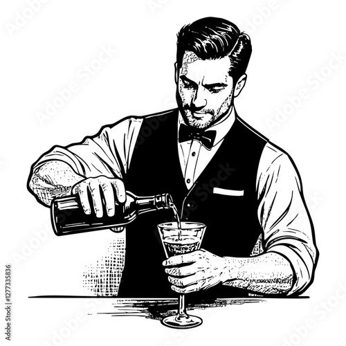 gentleman pouring whiskey to glass engraving black and white outline. Scratch board imitation.
