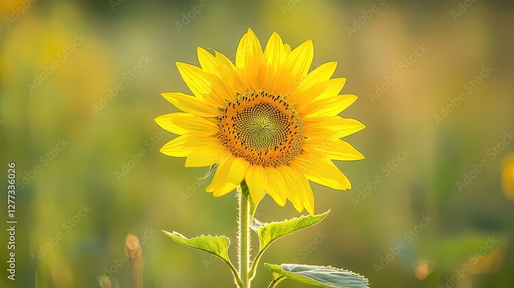 Fototapeta premium Close-up of a single sunflower in full bloom, its bright yellow petals against a soft green background.