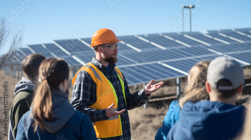 Solar technician discusses solar energy benefits with a group of interested individuals at a solar farm during a sunny day