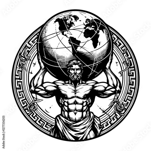 Atlas carrying world sketch engraving black and white outline. Scratch board imitation.
