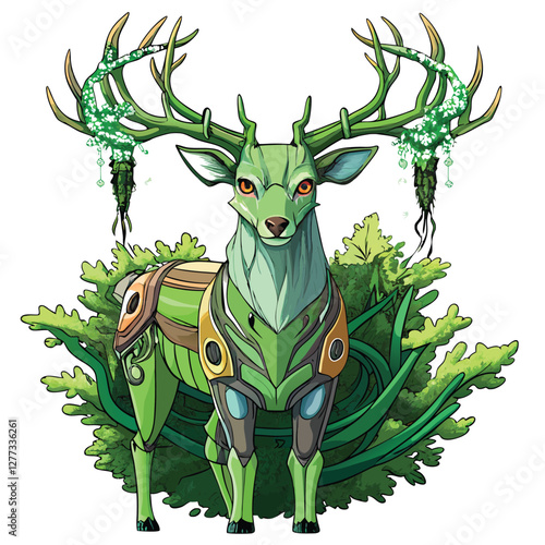 A majestic deer, its antlers intricately interwoven with glowing cybernetic structures, set against a dark, futuristic forest backdrop.