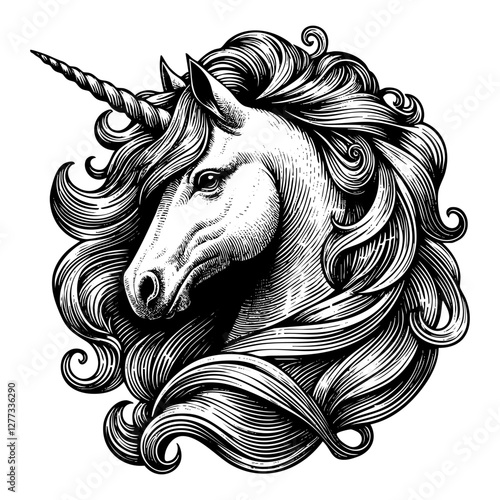 Unicorn sketch engraving black and white outline. Scratch board imitation.  illustrated in vintage line art style on a white background.
