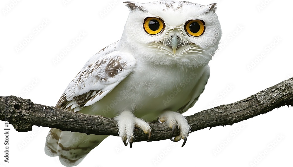 Naklejka premium White owl perched on branch, wildlife portrait, nature background, stock photo