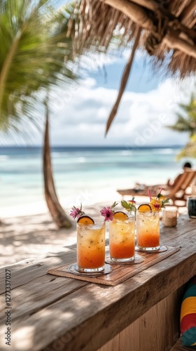 Refreshing cocktails sitting on beach bar counter under palm tree shade