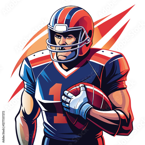 A powerful football player, tense and focused, gripping his helmet tightly, standing tall on the field.