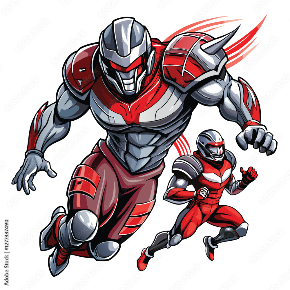 Obraz premium Futuristic armored football player violently tackles a robotic opponent in a neon-lit stadium. Intense action shot.