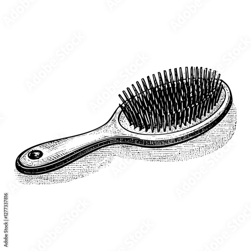 hair comb sketch engraving black and white outline. Scratch board imitation.  illustrated in vintage line art style on a white background.