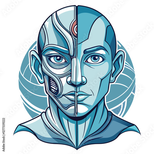 A hyperrealistic portrait depicting a human face bisected, one half flawlessly human, the other half a sleek, metallic robot.  Show contrasting textures and lighting.