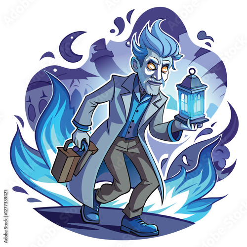A spectral detective, shrouded in mist, illuminates a dimly lit scene with a flickering lantern, investigating a mysterious unseen occurrence.