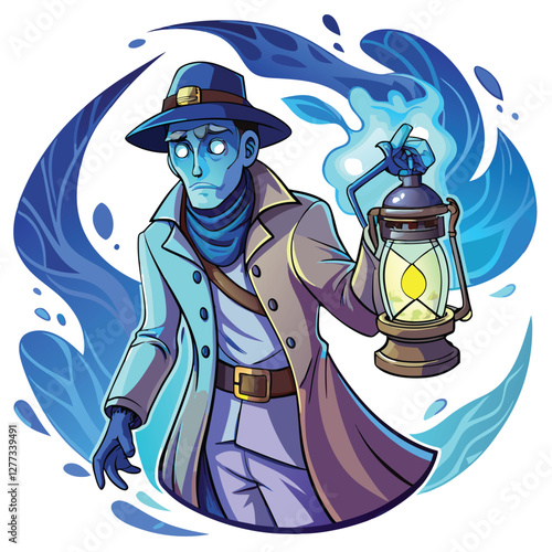 A spectral detective, shrouded in mist, illuminates a dimly lit scene with a flickering lantern, investigating a mysterious occurrence.