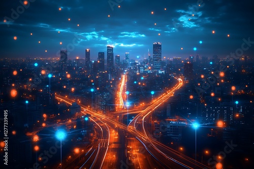 Night city lights crossroads. Aerial view of urban intersection at night. Possible use Stock photo for backgrounds, wallpapers photo