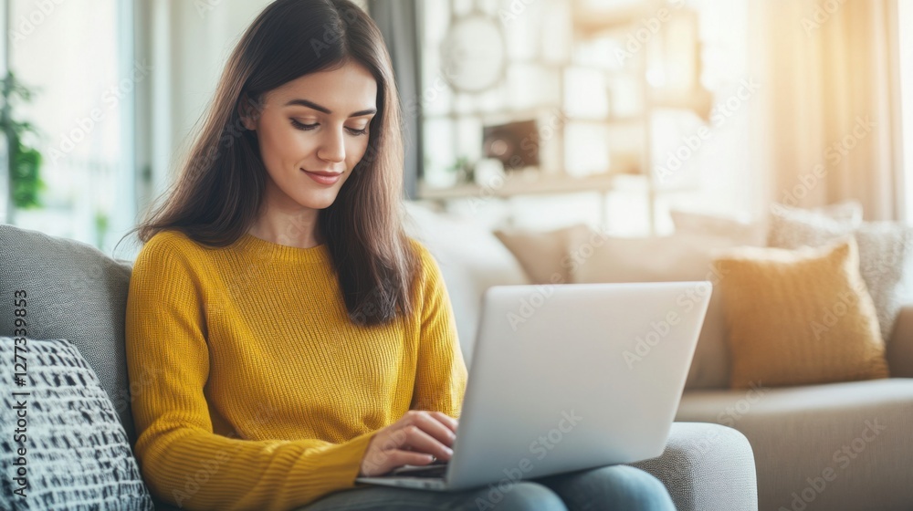 Video generation for a young woman browsing online on her laptop in a minimalist living room. Featuring technology and convenience Video generation for a young woman browsing online on her laptop in a minimalist living room. Featuring technology and convenience