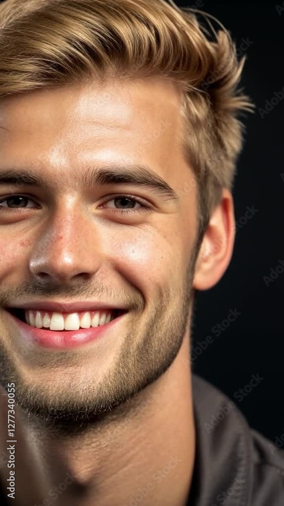 Smiling Portrait: Close-up of a handsome young man, radiating positivity, with a genuine and cheerful expression Smiling Portrait: Close-up of a handsome young man, radiating positivity, with a genuine and cheerful expression