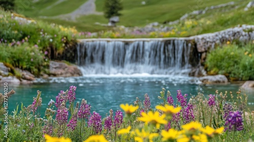 Serene Waterfall Cascade and Vibrant Alpine Meadow
