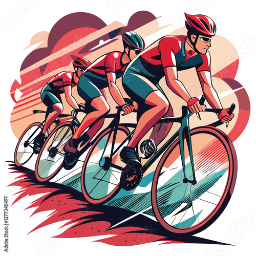 A peloton of cyclists in a thrilling road race, perfectly aligned in an 'S' curve, showcasing speed and teamwork.