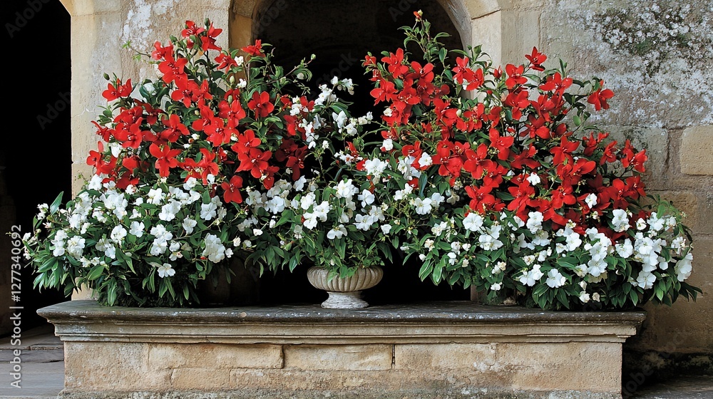 Fototapeta premium Red white flowers stone planters courtyard garden display