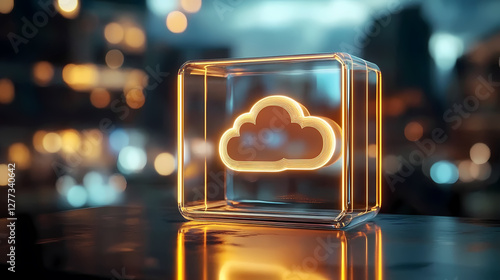 Glowing Cloud Icon in Transparent Cube with Futuristic Urban Background