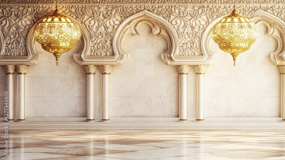 Fototapeta premium Elegant Architectural Interior with Ornate Arches and Golden Chandeliers