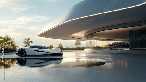 Modern, futuristic, luxury car parked in front of a modern, curved, glass-walled garage.  Exterior of a high-end, contemporary home.  Reflecting, elegant design.