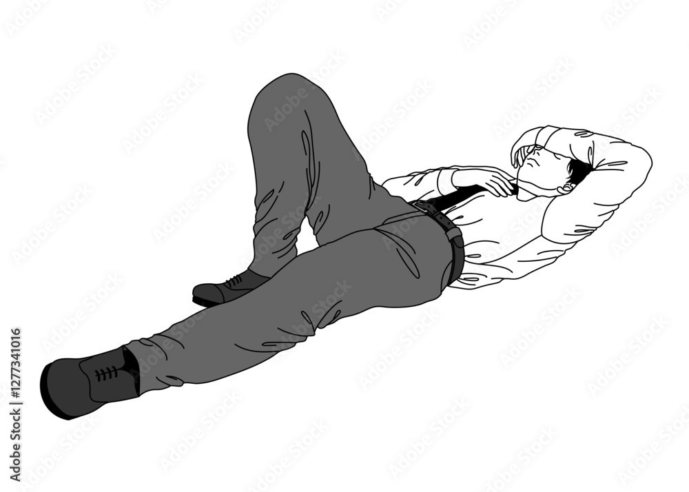 仮眠をするビジネスマン男性のイラスト 全身横向き アイソメトリック