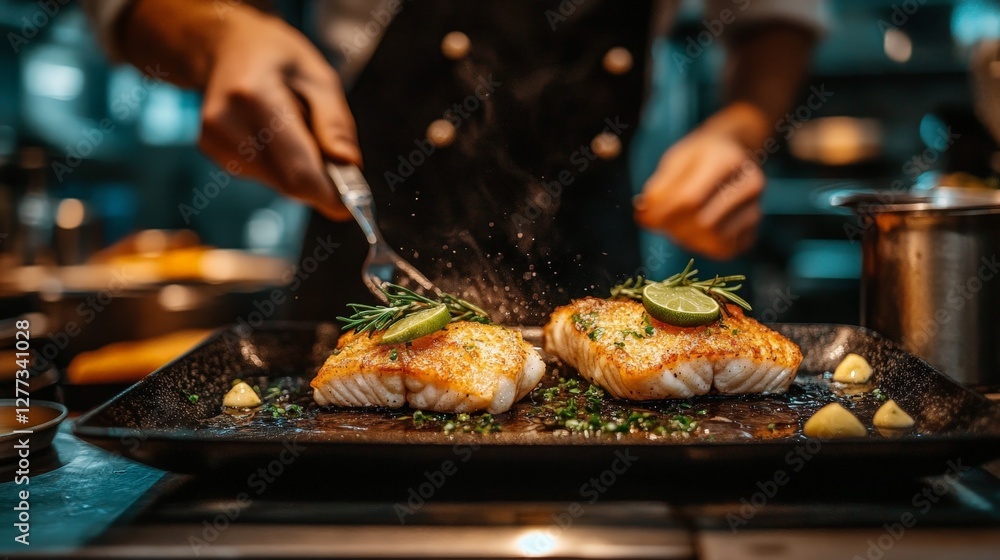 A chef plating perfectly cooked salmon garnished with herbs and lime. A chef plating perfectly cooked salmon garnished with herbs and lime.