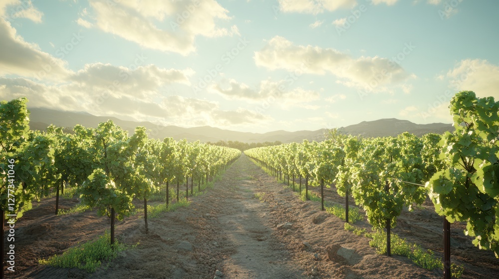 Naklejka premium Sunlit vineyard rows at sunset. (3)