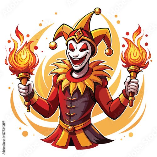 A whimsical jester, melancholic yet playful, wearing a dual-expression mask – half-smile, half-tear.  Detailed, dramatic lighting.