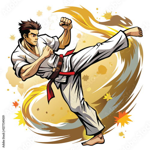 A seasoned karate master executes a powerful, perfectly-balanced high kick, demonstrating exceptional precision and control.  His gi is crisp, the background is blurred.