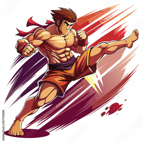A dynamic image of a kickboxer mid-spinning back kick, legs extended, body poised for impact.  Focus on intense athleticism and motion blur.