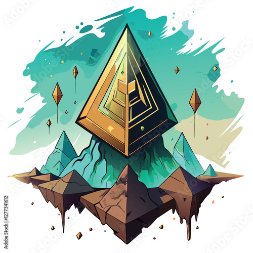 A majestic, floating pyramid, etched with glowing ancient runes, emits a faint, ethereal light against a dark, starry sky.