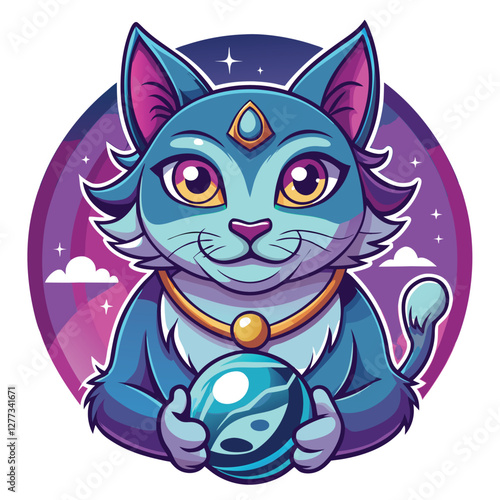 A mystical Siamese cat, perched atop a velvet cushion, gazes intently into a shimmering crystal ball, predicting the future.