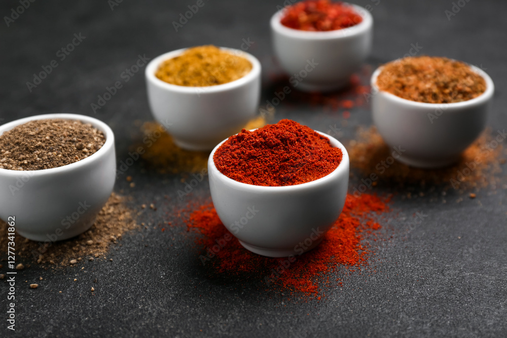 Composition with bowls of different spices on dark background Composition with bowls of different spices on dark background