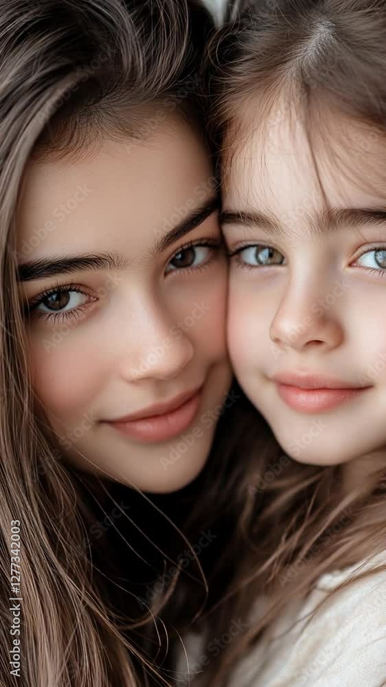 Sisterly Embrace: Portrait of two beautiful sisters, their faces gently touching as they gaze directly at the camera, embodying the loving bond of siblinghood and capturing the essence of family. Sisterly Embrace: Portrait of two beautiful sisters, their faces gently touching as they gaze directly at the camera, embodying the loving bond of siblinghood and capturing the essence of family.