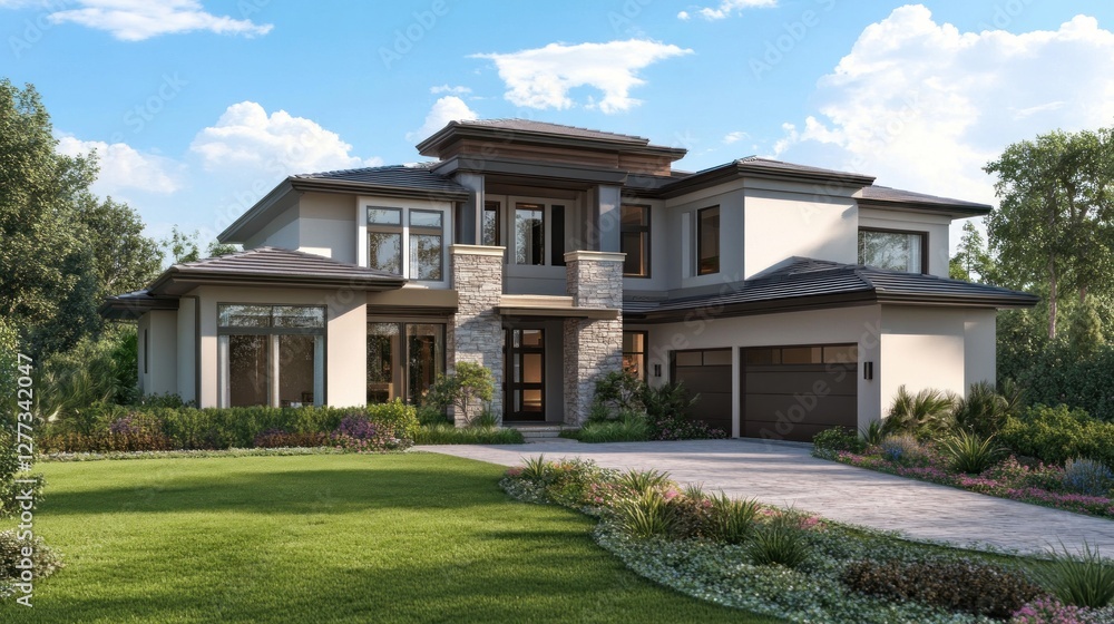Modern two-story house with a landscaped yard and contemporary design elements. Modern two-story house with a landscaped yard and contemporary design elements.