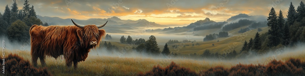 Majestic Highland Cow in Misty Scottish Countryside with Rolling Hills and Pine Forests at Sunrise Perfect for Nature and Landscape Lovers Seeking Tranquility