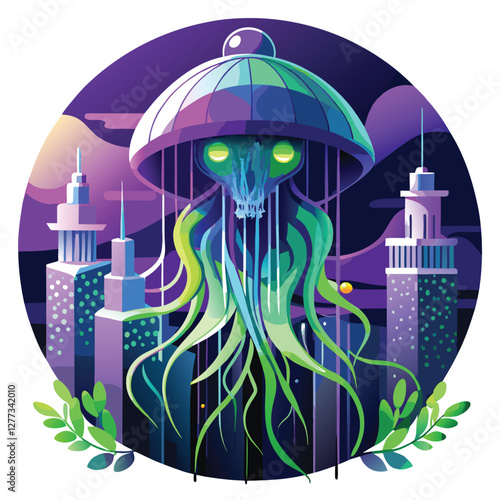 Render a bioluminescent jellyfish, futuristic design, with intricate biomechanical tendrils, pulsating softly.  High detail, vibrant colors.