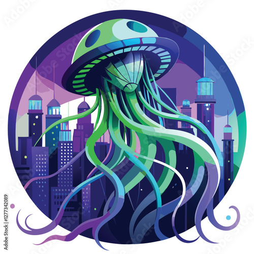 Render a bioluminescent jellyfish, futuristic design, with intricate biomechanical tendrils, glowing neon accents, deep ocean setting.