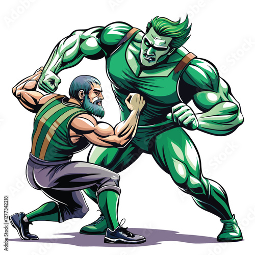A powerful lineman, muscles straining, pushes against a rival during a fierce American football game.  Gridiron intensity captured.