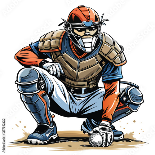 A determined baseball catcher, masked, crouches in a low defensive stance, awaiting the pitch.  He shows intense focus and preparedness.
