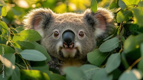 Cute koala peeking from eucalyptus leaves photo