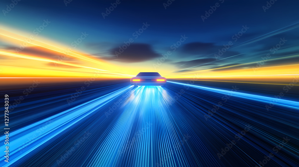 Surreal Car Speeding on Highway with Blue Trail at Sunset Surreal Car Speeding on Highway with Blue Trail at Sunset