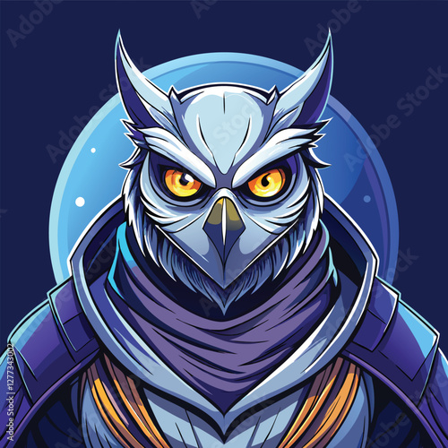A majestic owl, masked and cloaked, silently patrols a moonlit cityscape, its watchful gaze piercing the darkness.