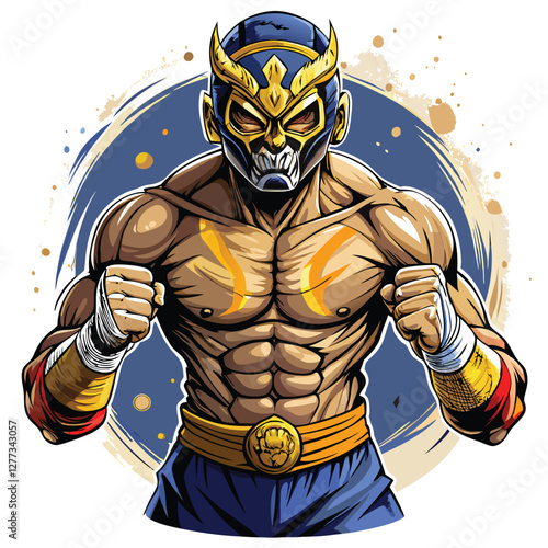 A fierce Muay Thai fighter, masked and ready to fight, displays powerfully bandaged fists. Dramatic lighting enhances the intensity.
