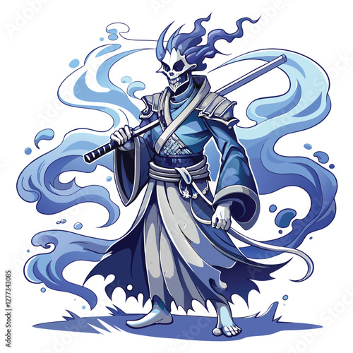 Фотография A spectral samurai, his form composed of swirling, ethereal mist (mi), wielding a katana