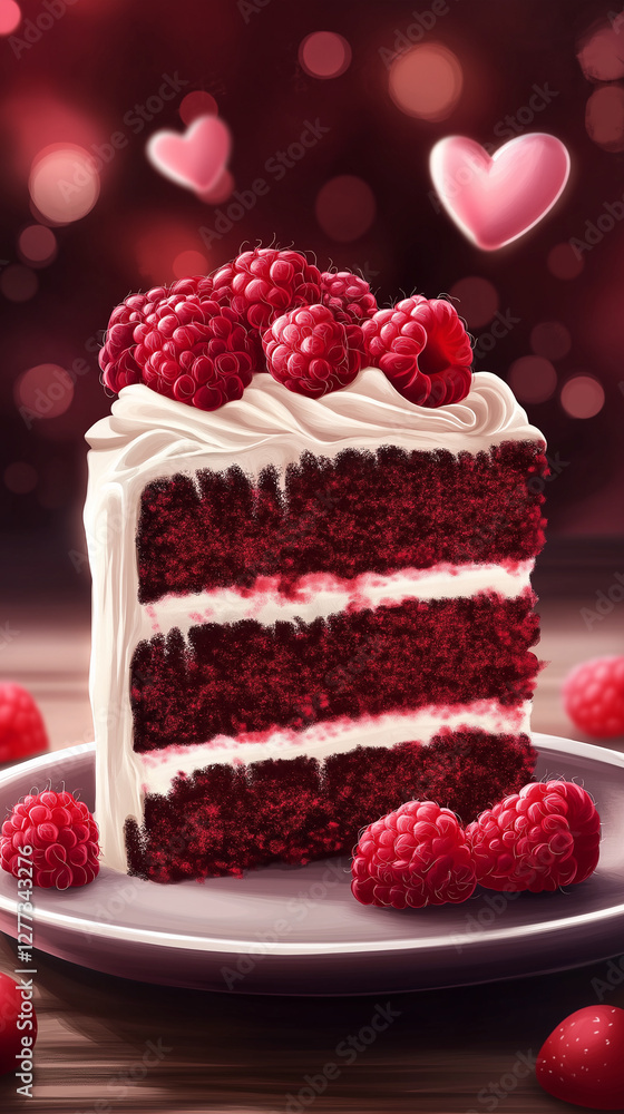 Valentine red velvet cake with raspberries