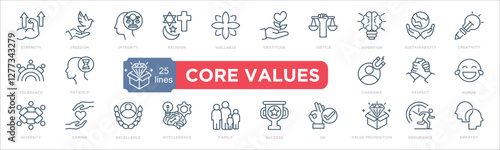 Set of line art icons highlighting core values including freedom, integrity, sustainability, and creativity, presented with clear visuals and labels for concepts, ideals, and human excellence.