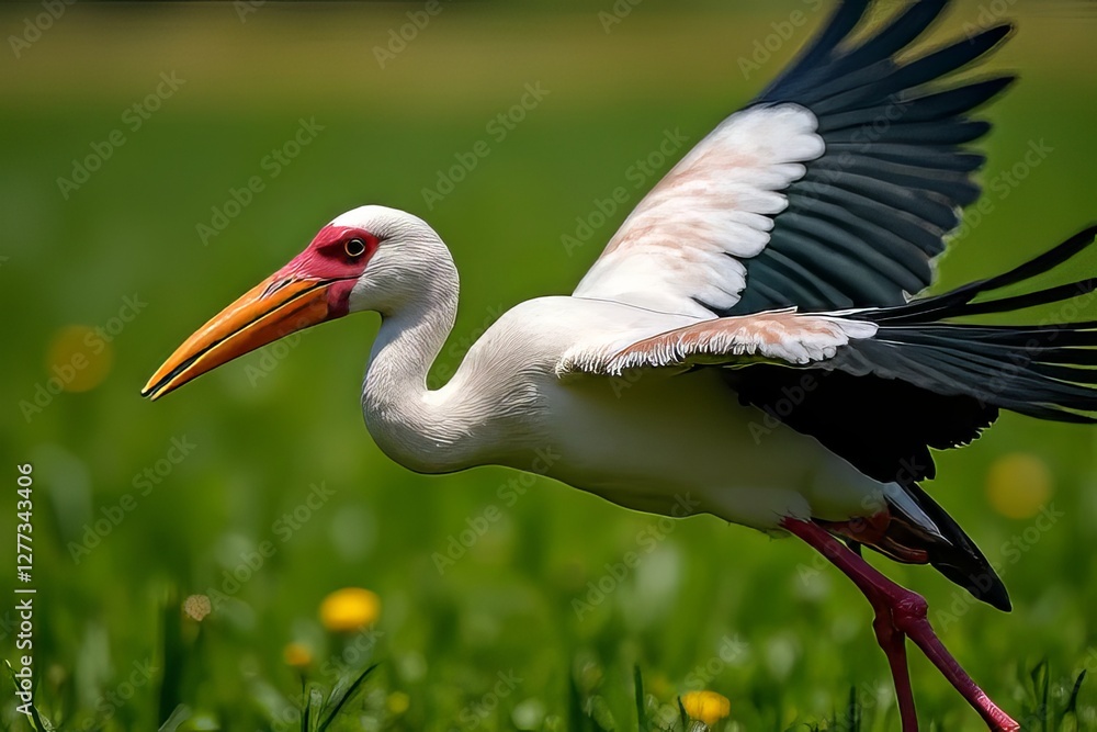 Fototapeta premium Beautiful White Stork Taking Flight Over Lush Green Meadow