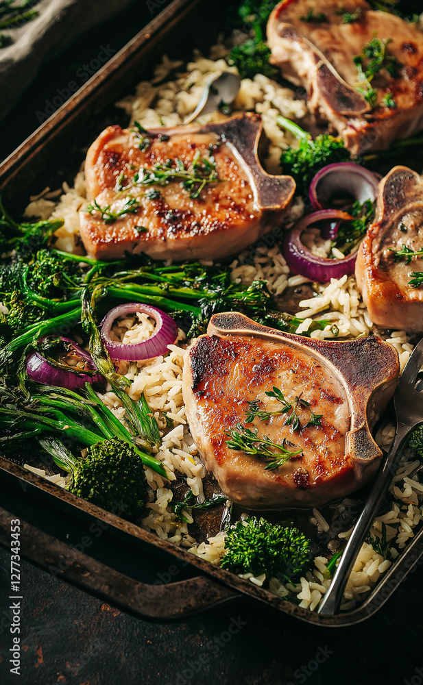 Sheet pan meal of pork chops, broccoli rabe and rice vertical