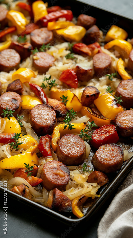 Sausage one pan dinner with yellow bell peppers