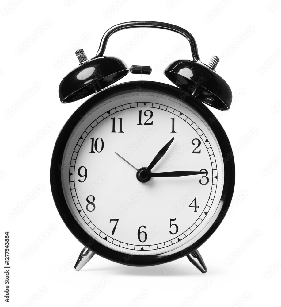 One black alarm clock isolated on white One black alarm clock isolated on white